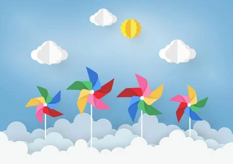 Paper Art  Design with Cloud and pinwheel  on light Blue background . the Con Stock Illustration
