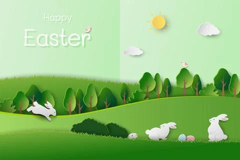Paper art Easter's day concept with white rabbits happy in the garden on su.. Stock Illustration