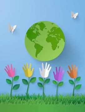 Paper art of eco concept with multi colorful hand flower on the grass. Stock Illustration