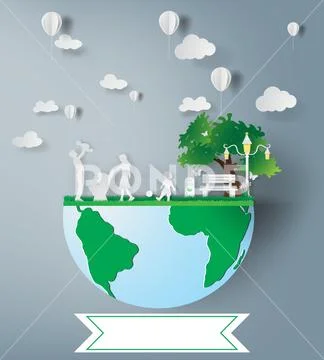 Paper art of family and park on green ecology idea concept.vector illustratio Stock Illustration