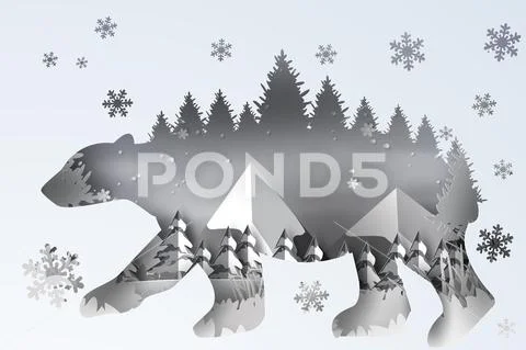 Paper art of forest lanscape snow with polar bear curve,hill,vector Stock Illustration