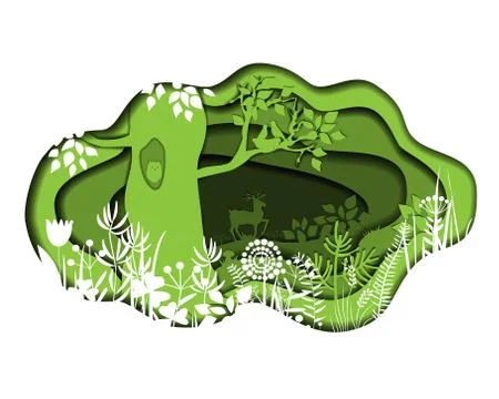 Paper art with forest. Vector plants and deer Stock Illustration