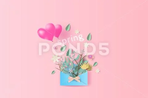 Paper art of graphic design bouquet with springtime season text.Paper letters Stock Illustration