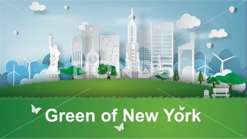 Paper art of green landmarks of New York City, America,vector Stock Illustration