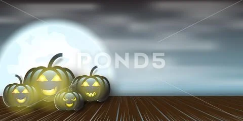 Paper art of Halloween night in fullmoon background with pumpkin on old wood Stock Illustration