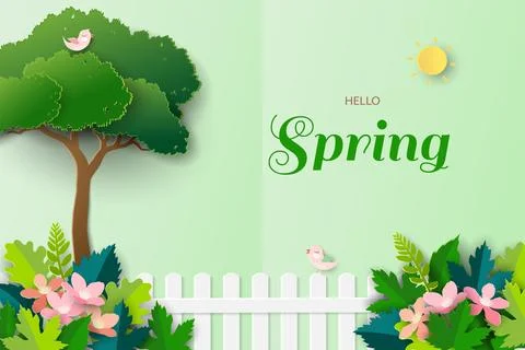 Paper art of Hello Spring with cute birds happy on spring garden Stock Illustration