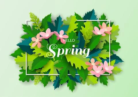 Paper art of Hello Spring in white frame with green leaves and pink flowers.. Stock Illustration