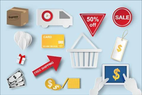 Paper art of  icons of e-commerce symbols, internet shopping elements Illustrazione stock