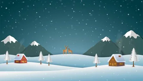 Paper art landscape background with countryside on winter night Stock Illustration