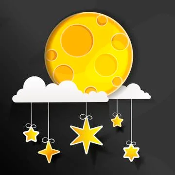 Paper art moon, fluffy clouds and stars in midnight.Origami paper art style. Ilustração Stock