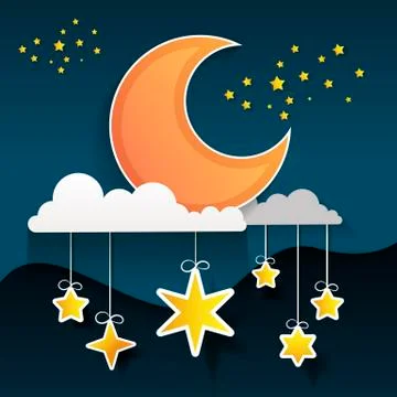 Paper art moon, fluffy clouds and stars in midnight.Origami paper art style. Ilustração Stock