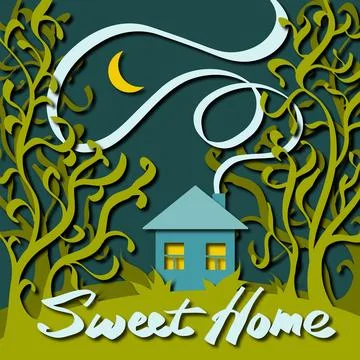 Paper art, multi-layered illustration. Paper cut. House in the Fairytale Forest. Stock Illustration