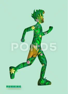 Paper art of running man silhouette curve shape with leaves and flower.vector Stock Illustration