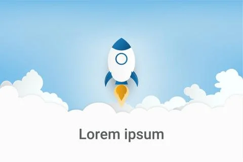 Paper art style. Rocket launch on clouds and blue sky. Stock Illustration