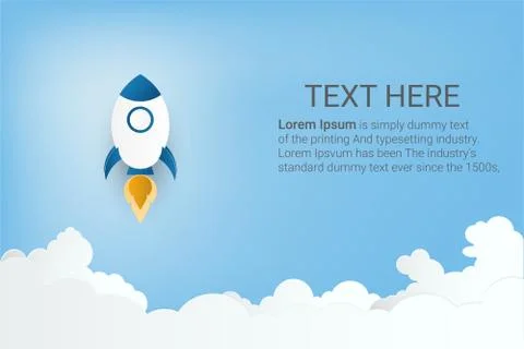Paper art style. Rocket launch on clouds and blue sky. Stock Illustration