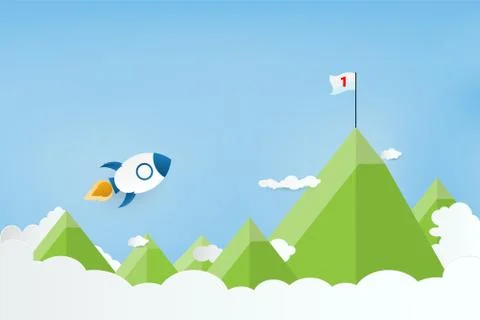 Paper art style. Rocket launch on clouds and moutain. Business growing target Stock Illustration