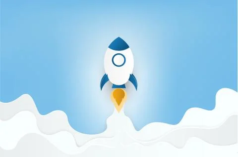 Paper art style. Rocket launch on clouds and blue sky. Business startup Stock Illustration