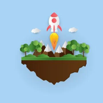 Paper art style. Rocket launch on clouds and blue sky. Stock Illustration