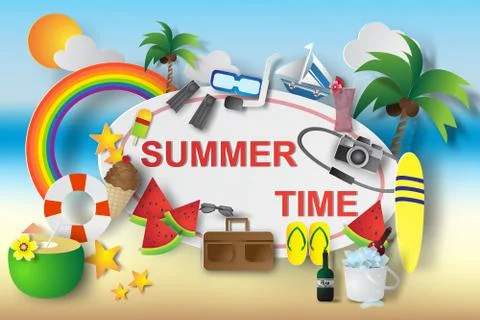 Paper art of summer time element banner background,travel,vector Illustrazione stock
