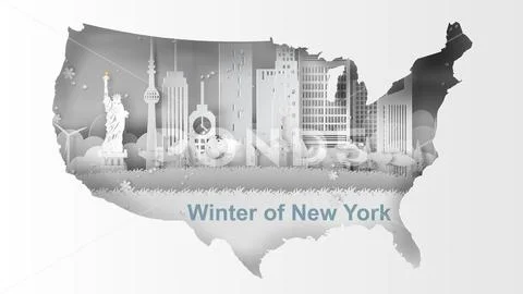 Paper art of Travel winter and snow season of map landmarks of New York City, Stock Illustrationen