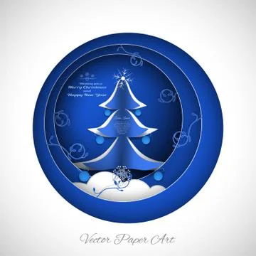 Paper art of vector poster for Happy New Year and Merry Christmas with round Stock Illustration