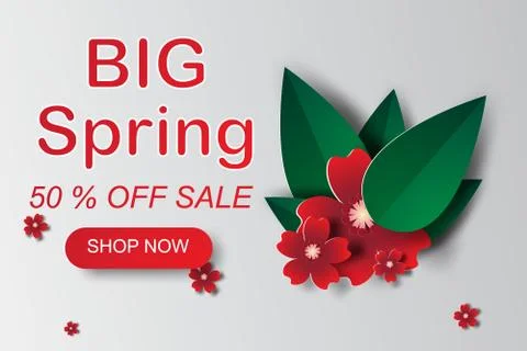 Paper art of Web Frame with red flowers and leaf for spring sales banners,vec Illustrazione stock