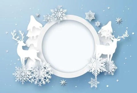 Paper art of winter holiday card with snowflakes and reindeer Stock Illustration