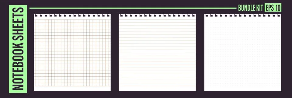 Paper background set square sheets grid line plus dot pattern with crumpled Illustrazione stock