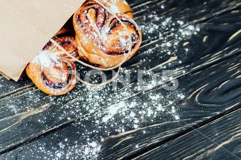 Paper bag bakery products. Healthy meal. Blank space. Gourmet food. Mock up. Stock Photos