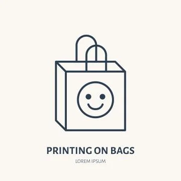 Paper bag flat line icon. Branding package sign. Thin linear logo for printery Illustrazione stock