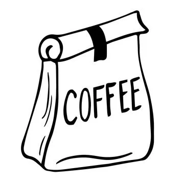 Paper bag full of coffee, linear illustration of craft coffee packaging. Coff Stock Illustration