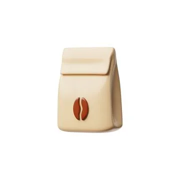 Paper bag package with coffee bean label 3D cartoon vector icon, kraft pouch Stock Illustration