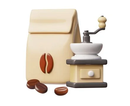 Paper bag package with coffee beans and manual coffee grinder 3D vector Stock Illustration