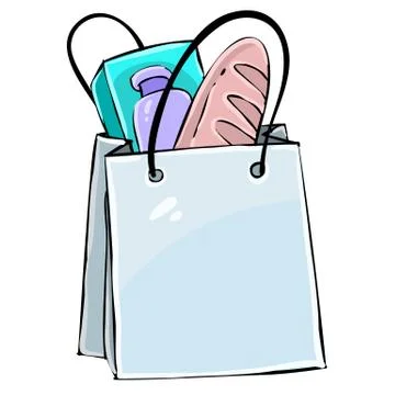 Paper bag with products inside, bread, milk, food cartoon illustration, isola Stock Illustration