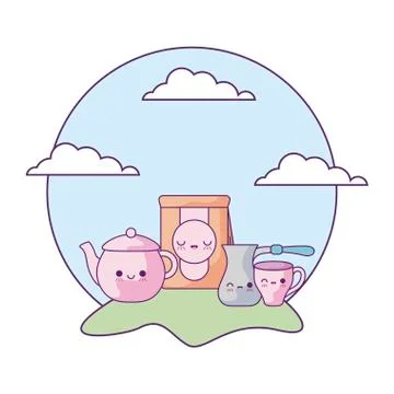 Paper bag with set objects kitchen in landscape kawaii style Stock Illustration