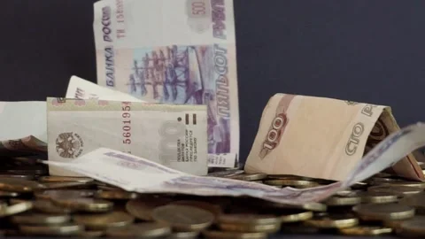 Paper banknotes of different denominations of the Russian ruble Stock Footage 206346262