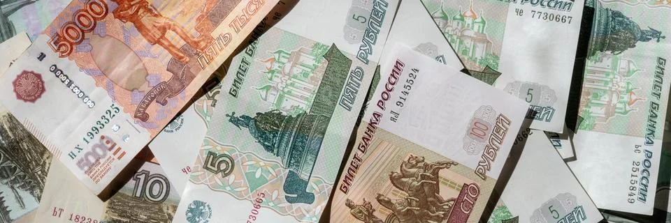 Paper banknotes of Russian rubles in a stack. Web banner Stock Photos