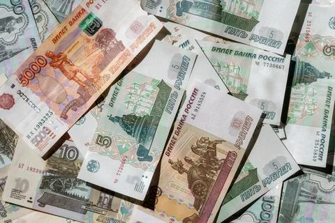 Paper banknotes of Russian rubles in a stack Stock Photos