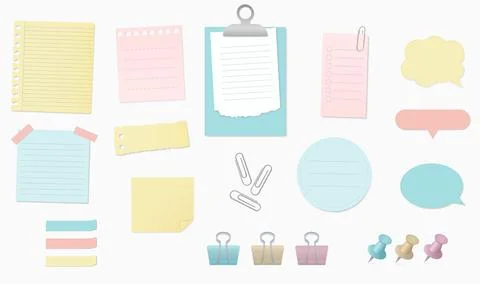 Paper banners notes set with sticky tapes, pins, clips and scotch Illustrazione stock
