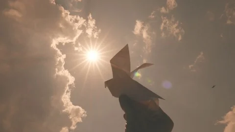 A paper bird is in the hand in front of the bright sun. Origami. Stock Footage 77198322