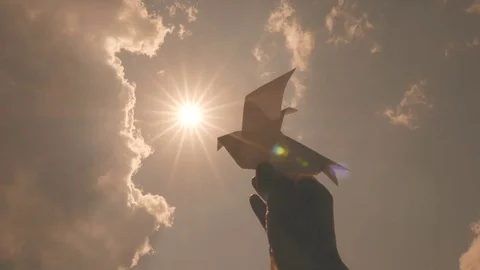 A paper bird is in the hand in front of the bright sun. Origami. Video stock 77200377