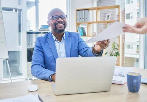 Paper, black man and business computer with accounting worker getting tax return Stock Photos