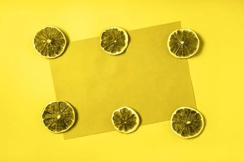Paper blank in rustic style with dried oranges and limes toned in trendy yell Stock Photos