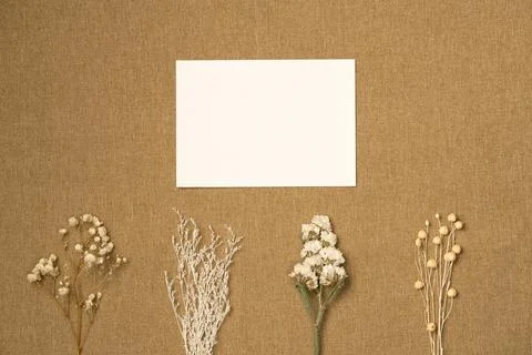 Paper blank sheet with different dried flowers on fabric background from abov Stock Photos
