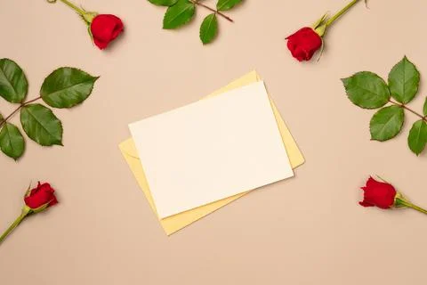 Paper blank sheet with frame of red roses on beige background from above. Gre Stock Photos