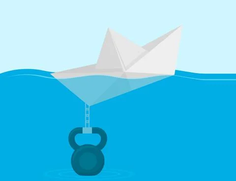 Paper Boat chained to the weight. Vector illustration. Illustrazione stock