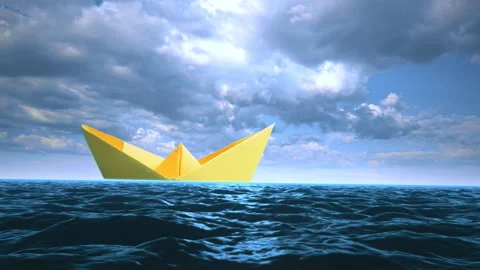 Paper Boat Floating Ocean Cloudy Sky Origami Conceptual Scene Stock Footage 243642792