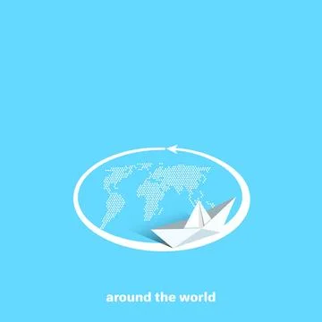 A paper boat floats on a map around the earth, an isometric image Ilustração Stock