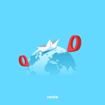 Paper boat on the globe between two location icons, isometric image イラスト素材