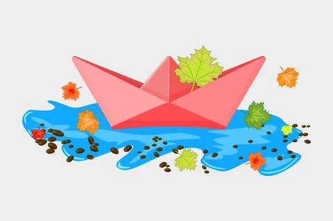 Paper boat with maple leaves in a puddle isolated on white background. Stock Illustration